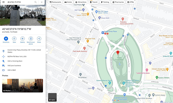 Zrzut ekranu mapy google dla Grand Army Plaza na Brooklynie w Nowym Jorku