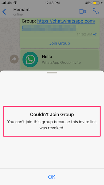 Kan ikke deltage i gruppen med tilbagekaldt link på WhatsApp