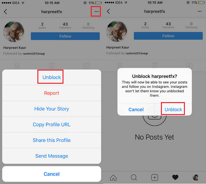Разблокируйте, если вы заблокировали друг друга в Instagram