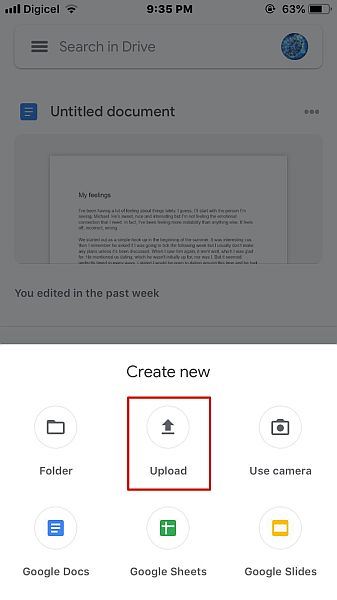 Google drive create new menu with the upload option highlighted