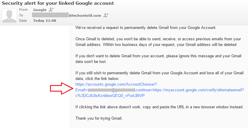 用於刪除 Gmail 帳戶的驗證電子郵件