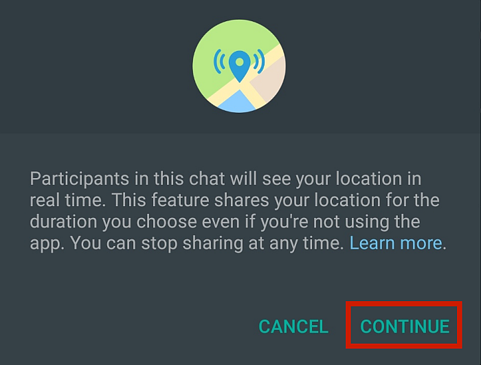 Ostrzeżenie Whatsapp dotyczące udostępniania lokalizacji w czasie rzeczywistym z podświetlonym przyciskiem Kontynuuj