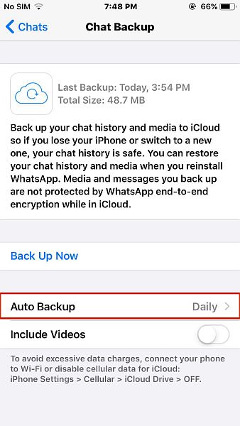 Whatsapp chats sikkerhedskopieringsindstillinger med auto backup-indstillingen fremhævet