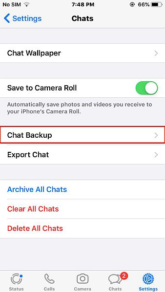 Configurações de bate-papo do Whatsapp para iphone com a opção de backup de bate-papo destacada