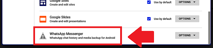 Google Drive – Seite „Apps verwalten“ – WhatsApp Messenger Media Backup Option