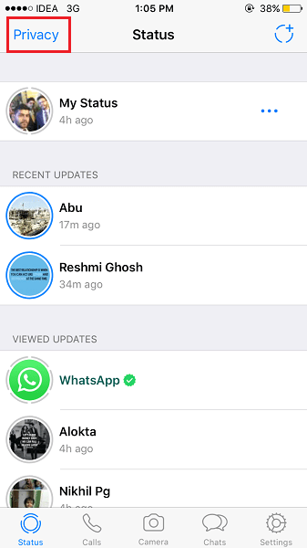 WhatsApp 상태 개인 정보 설정