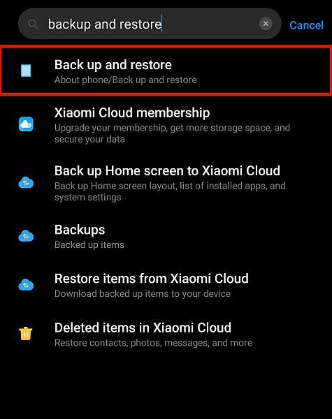 Opção de backup e restauração nas configurações do telefone Android