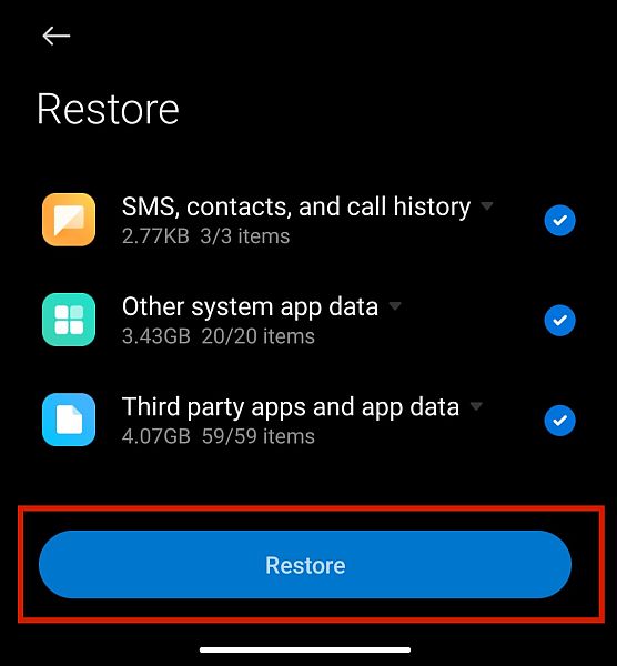 Udvalgte elementer til restaurering i Android-telefon