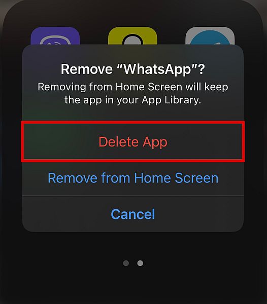 删除 iphone 中的 whatsapp 弹出消息，突出显示删除应用按钮