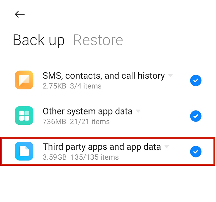 Доступные данные для резервного копирования в телефоне Android