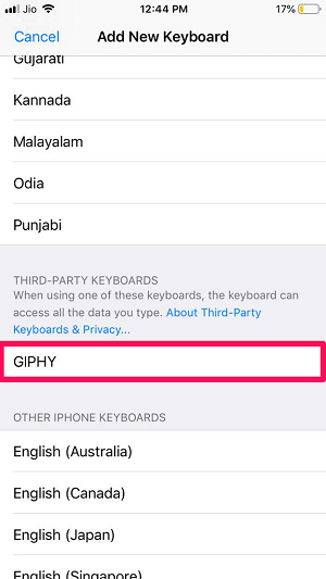 أضف لوحة مفاتيح giphy