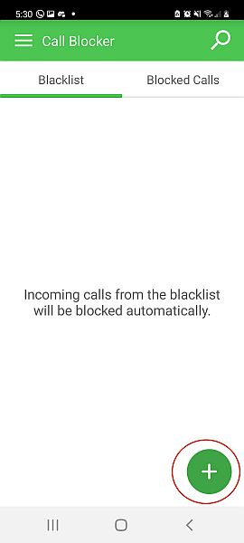Call blocker interface showing an empty blacklist tab