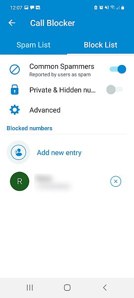 Callapp block list showing a listed contact
