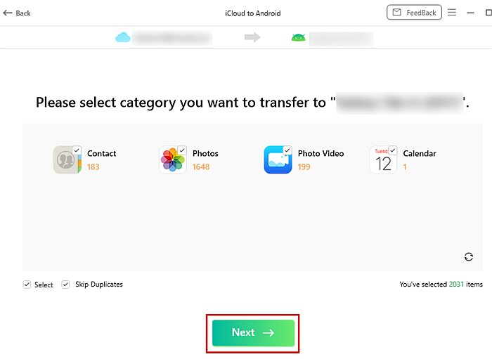 Interfaz de usuario de transferencia de AnyDroid iCloud a Android