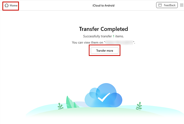 AnyDroid Transfer Completed -paneeli iCloudista Android Transferiin
