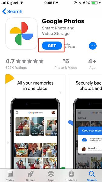 صفحة تطبيق صور Google في متجر التطبيقات