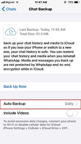 Chat-sikkerhedskopieringsindstillinger i whatsapp til iOS med muligheden for automatisk sikkerhedskopiering fremhævet