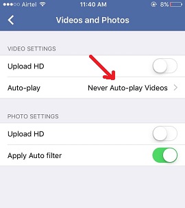 opción de filtro de reproducción automática en Facebook iPhone