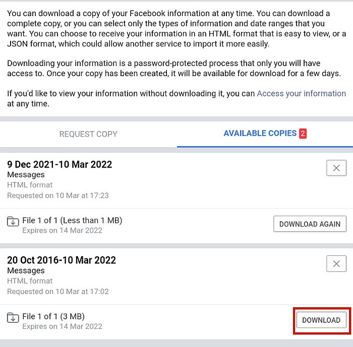 facebook messenger 中“下载您的信息”页面中的可用副本选项卡