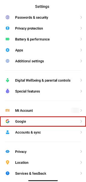 قائمة Google في إعدادات هاتف Android