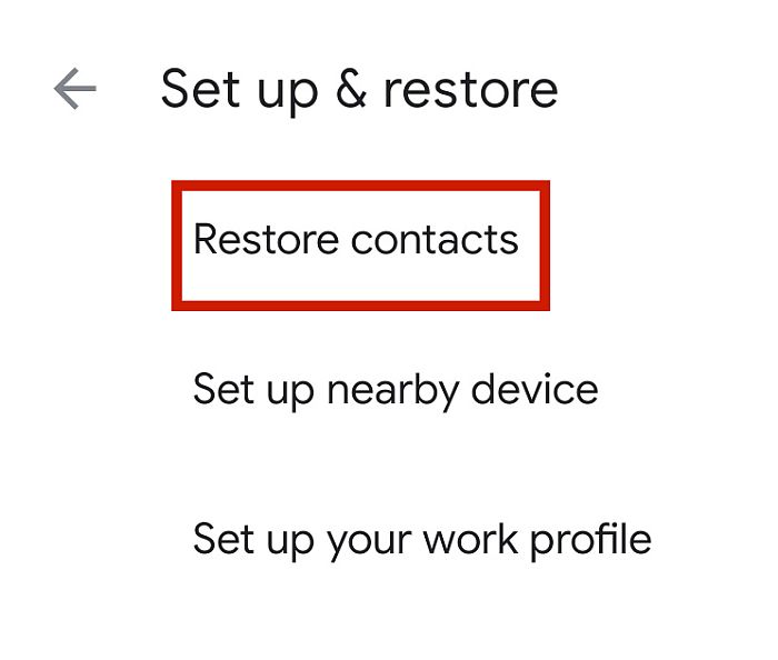 Restore contacts option highlighted in Google Services tab in Android