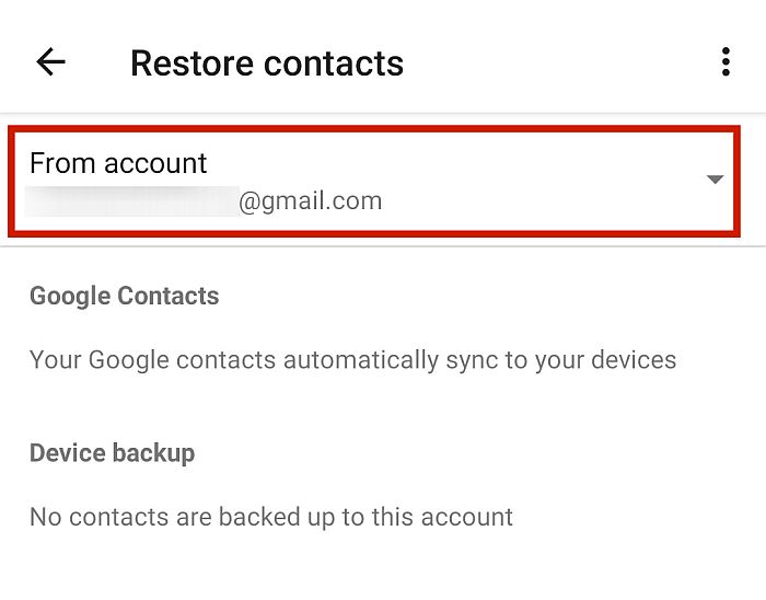 Selecionando a Conta do Google onde os contatos foram armazenados em backup
