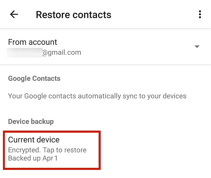 Återställer kontakter från Google-kontot till aktuell enhet