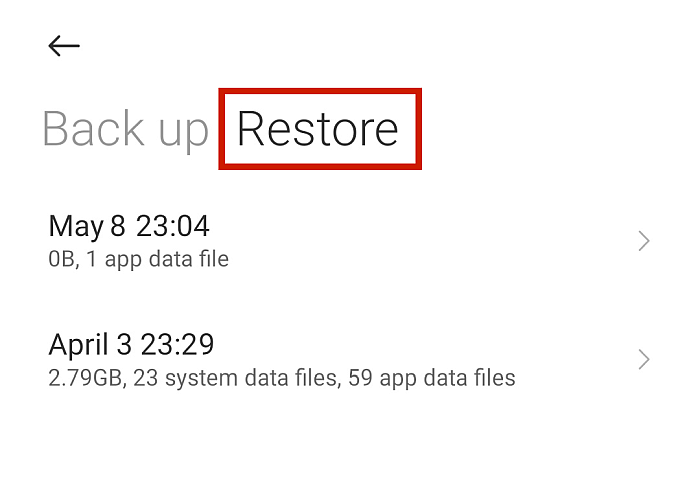 Pantalla de copia de seguridad y restauración en Android con la opción de restauración resaltada