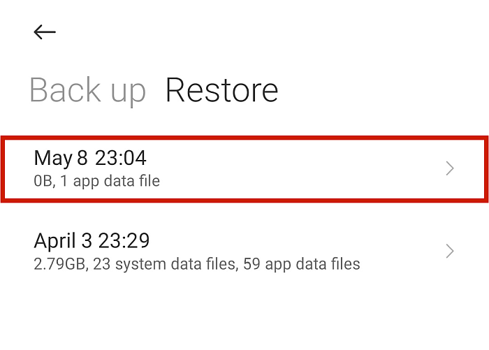 Tela de restauração do Android com opções de backup disponíveis para restauração