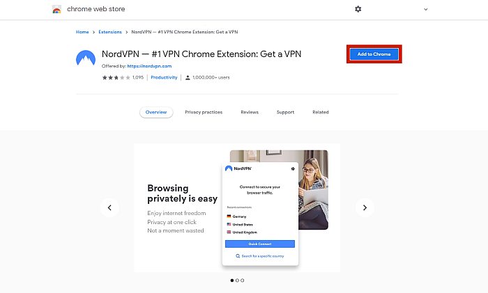 Chrome 网上商店中的 NordVPN 扩展程序