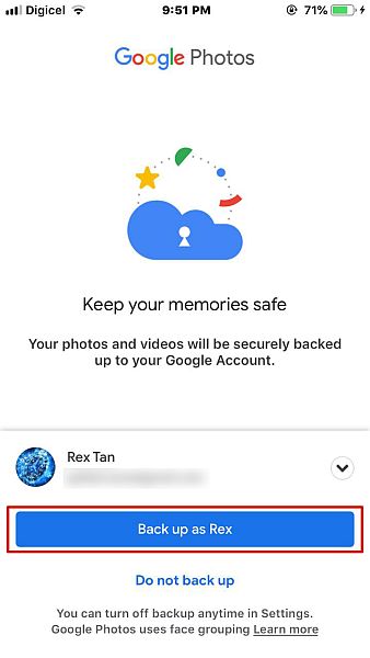 Googe Photos Secure Backup-Abfragebildschirm