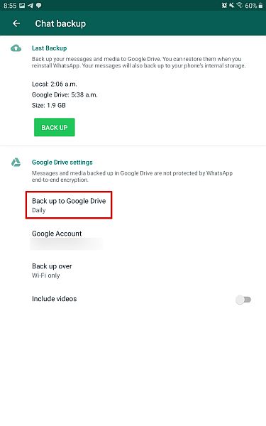 Whatsapp Chat-sikkerhetskopieringsinnstillinger med alternativet for sikkerhetskopiering til Google Drive uthevet