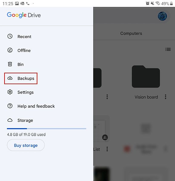 Android 上的 Google Drive 側邊欄菜單