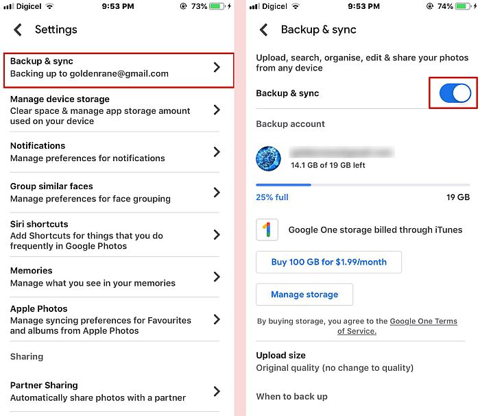 Turning on the google photos backup and Sync option in ios