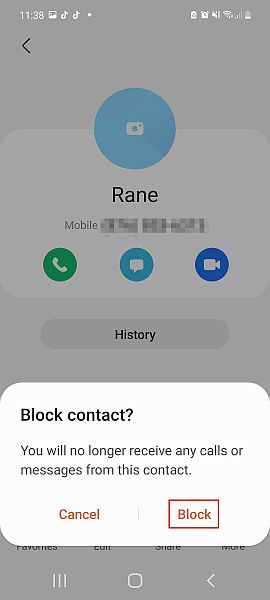 ブロックボタンが強調表示されたサムスン電話の連絡先ポップアップメッセージをブロックする