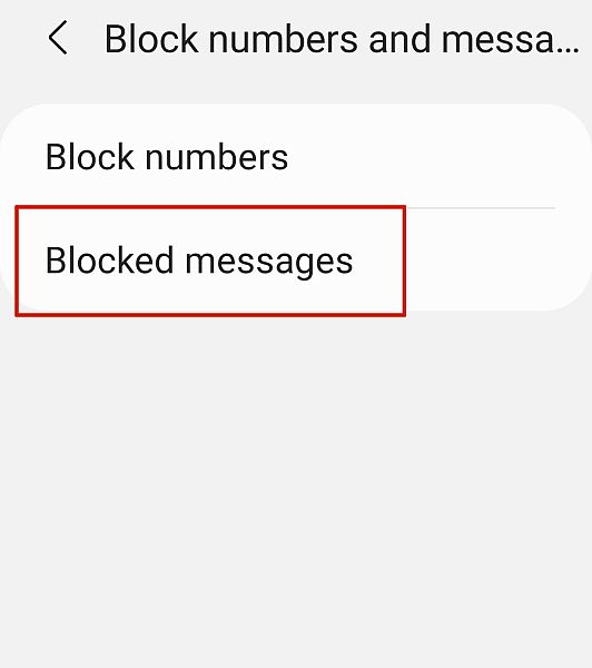 Opción de mensajes bloqueados seleccionada en la aplicación de configuración de mensajes de Samsung
