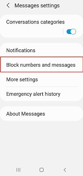 A Samsung Messages beállításai a Számok blokkolása és az Üzenetek opció kiemelve