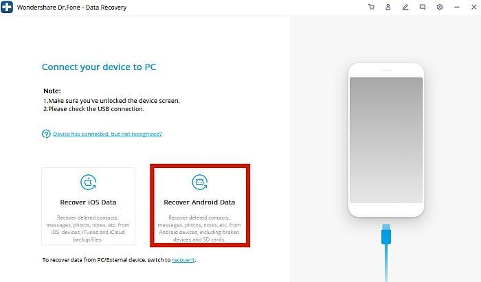 Dr. Fone Connect your device to PC Page with Recover Android Data selected