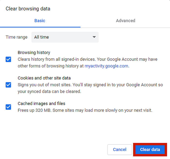 Možnost Chrome Clear browsing Data Option