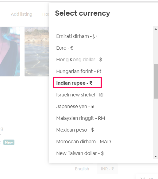 Airbnbのウェブサイトで通貨を変更する