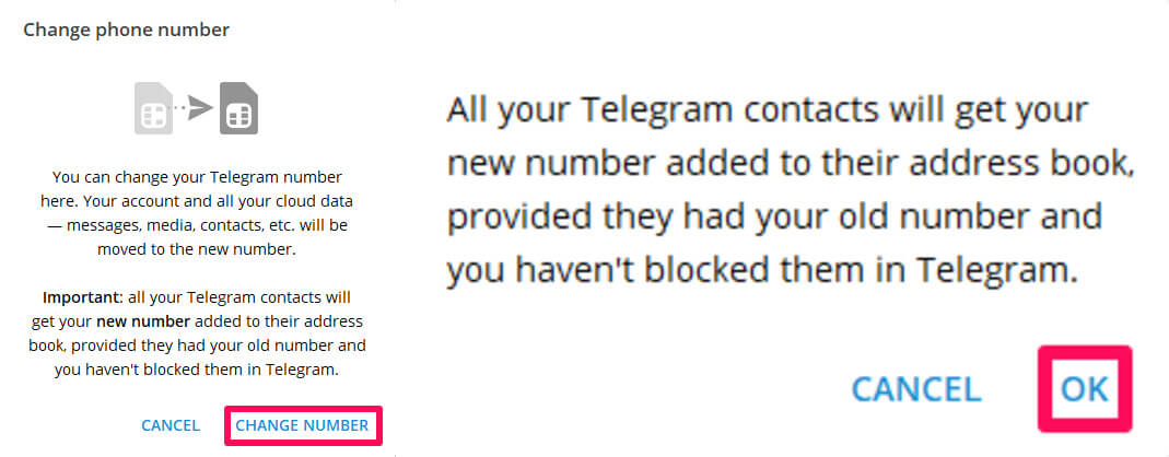 změnit číslo telegramu z desktopové aplikace