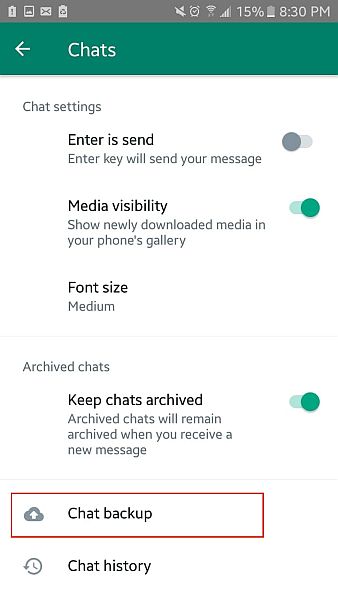 Whatsapp-chat-asetukset, joissa keskustelujen varmuuskopiointivaihtoehto on korostettu