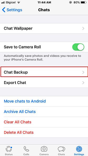 Paramètres de chat dans WhatsApp pour iOS avec la sauvegarde de chat en surbrillance