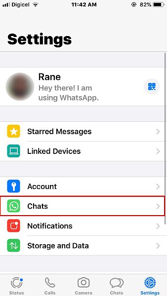 Whatsapp-indstillinger med chat-indstillingen fremhævet