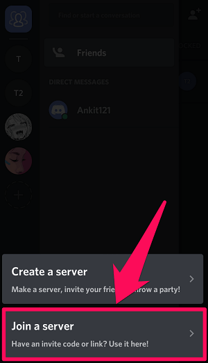 klik på join a server på Android