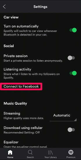 подключить facebook на Spotify в мобильном телефоне