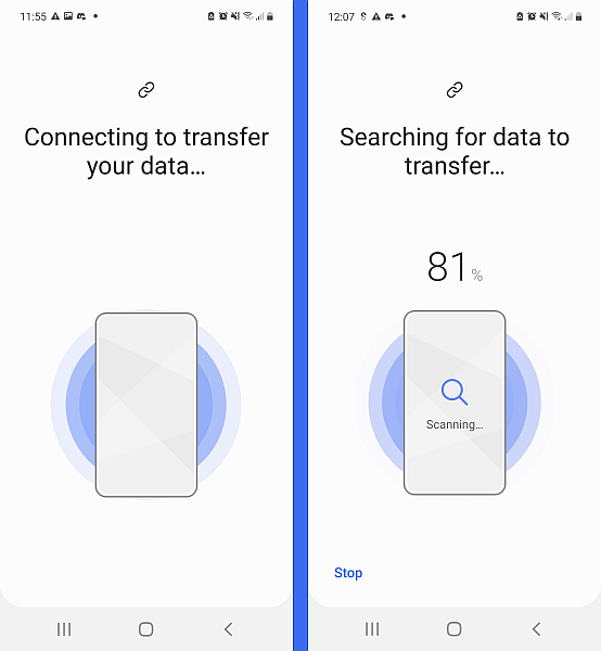 Samsung smart switch conectando e pesquisando dados do dispositivo de origem