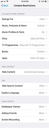 omezení obsahu na iOS
