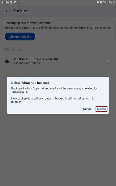 Ponnahdusikkunan varoitus, joka vahvistaa, että whatsapp-varmuuskopio poistetaan Google Driven varmuuskopiot-kansiosta