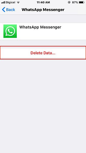 突出顯示刪除數據選項的 Whatsapp Messenger 存儲設置